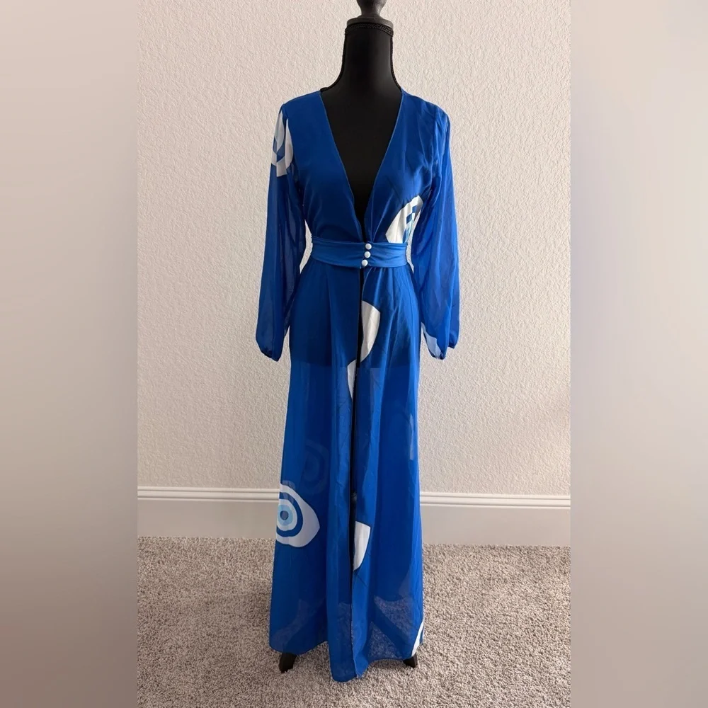 V-Neck Deep Blue Sheer Evil Eye Maxi Cover-Up Long Sleeve Ruched Cuffs Lace Bow